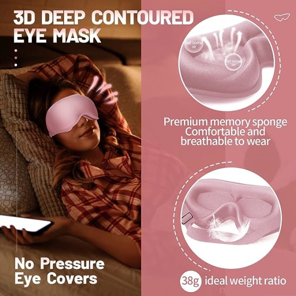 Søvnmaske for kvinner, menn, 3D dype konturerte øyemasker for å sove uten trykk Øyelokk blokkerer lys for bind for øynene med