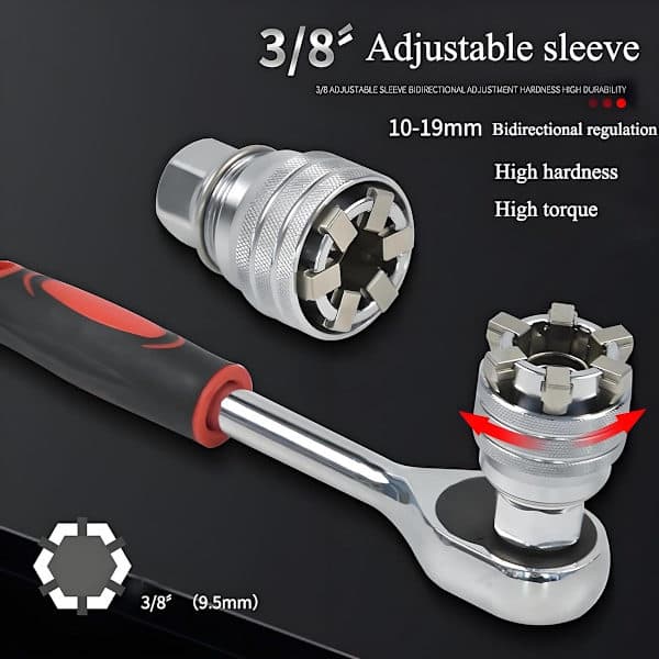 Upgraded Adjustable Universal Socket Wrench, 10mm-19mm Universal Socket, Suitable for 3/8-inch Ratchet Wrenches and Drills