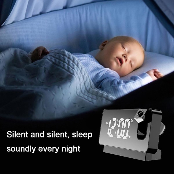 Svart Projektionsväckarklocka För Sovrum, Digital Väckarklocka Radio Dimmer Och Usb Laddningsportar, 180 Rotationsbar Projektor, Dubbel Alarm, Snooze, Cle