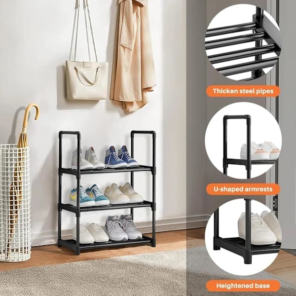 Stackable 3-Tier Small Shoe Rack, Narrow Shoe Storage, Black Shoe Shelf for Hallway, Bedroom, Quick Assembly