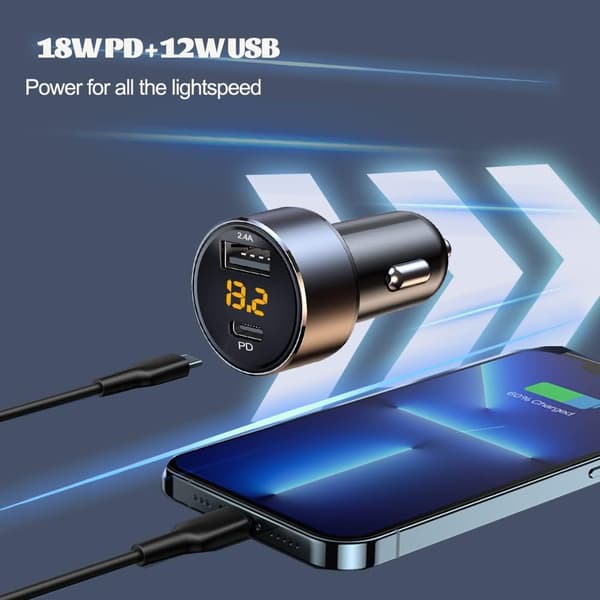 30W USB-C billader, Mini 2.4A USB-adapter med LED-spenningsdisplay, billaderadapter