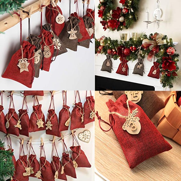 Jute Canvas Bag for DIY Christmas Calendar, Advent Calendar Bag Christmas Pouch, Christmas Calendar Bag with Wooden Labels, for Co