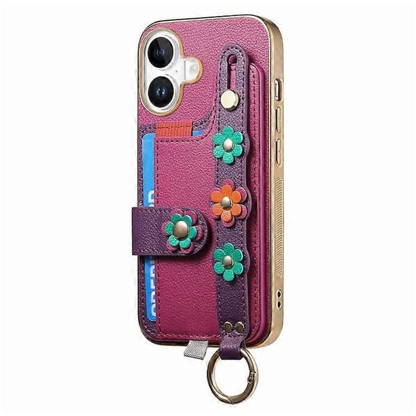 Kompatibelt cover til iPhone 16 med kortholder, læderbagside, 3D-blomst, armbånd