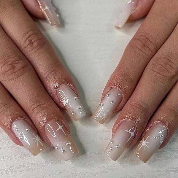 Kisteformede påsætningsnegle Medium Perle Lim på Negle Blank Ballerina Gel Kunstige Negle Brun Gradient Fuld Dækning Akryl Falske Negle med Stjernedesign 24 stk