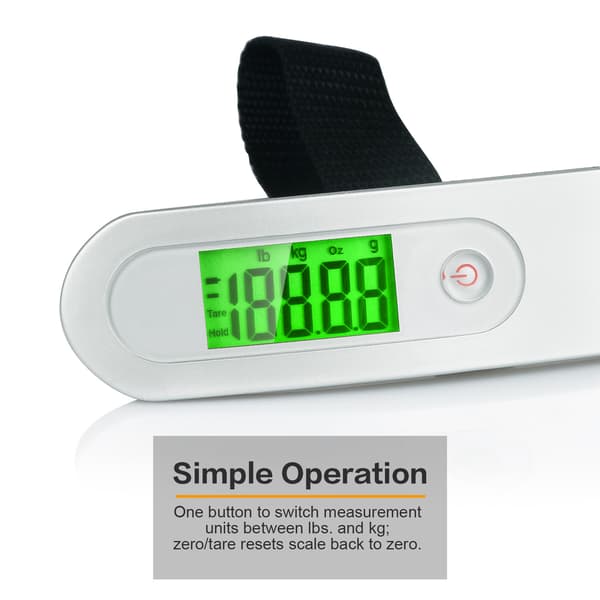 Electronic Luggage Scale, Portable Travel Scale, Tare Function, White (Battery Installed in Battery Compartment).