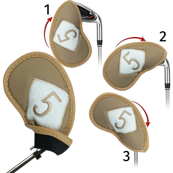 Khaki - Golfkøllebetræk Strygejern Hovedbeklædningsbeskytter Luxe PU-læder 12 Pack, Golfkøllehovedbeklædningssæt med Simple Number Herre Damer