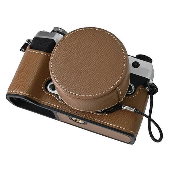 For Olympus OM-5 Camera Case Half-Enclosed Leather Bottom with Lens Cover - Khaki