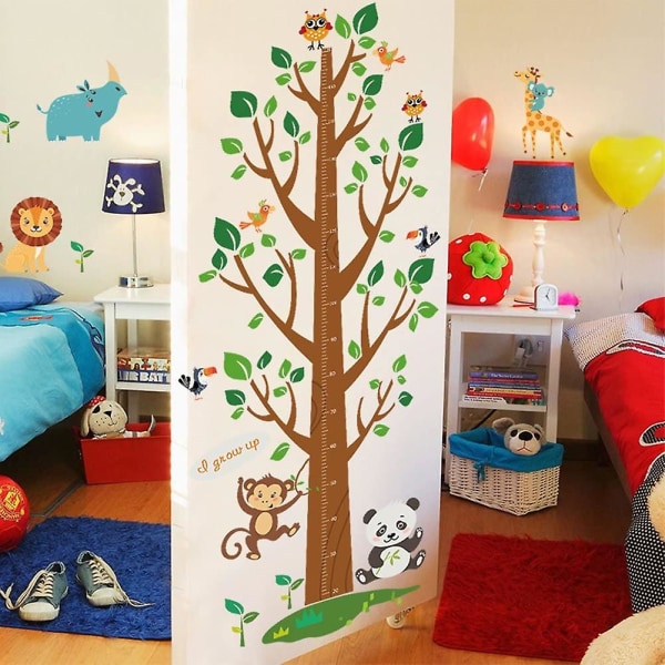 Tegneserie søde dyr Abe Løve Giraf Stort træ Væksthøjdediagram Aftagelige vægklistermærker Decals, Børn Baby Soveværelse Børneværelse Gør-det-selv dekorativ væg