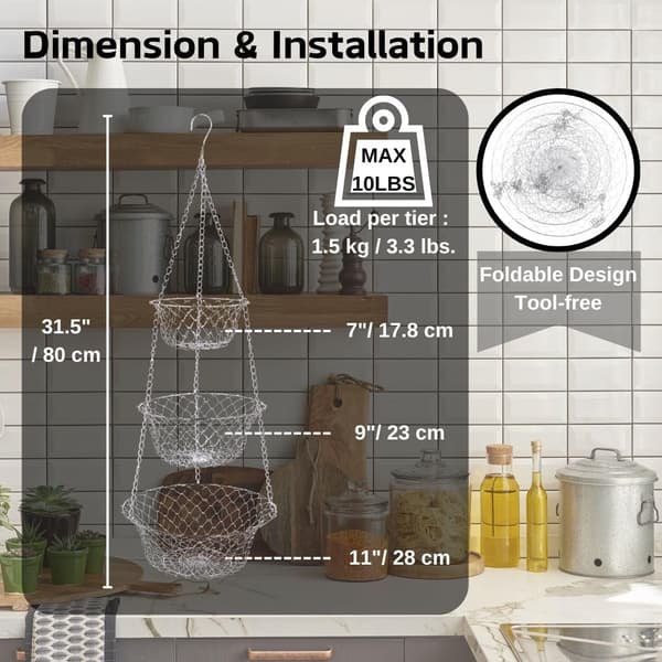 3-Tier Hanging Fruit Basket, Storage Basket for Kitchen and Bathroom (Chrome Finish)