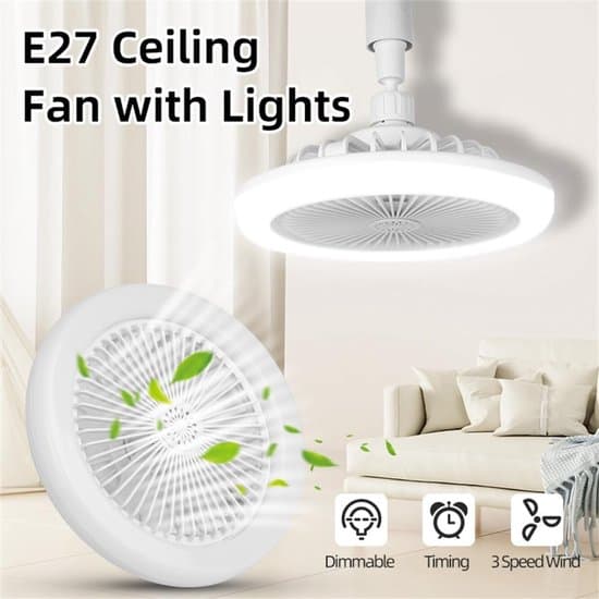 Silent Ceiling Fan with Light Socket - Ceiling Fan with LED Light and Remote Control for Kitchen, Bathroom, Storage Room, Garage (White)