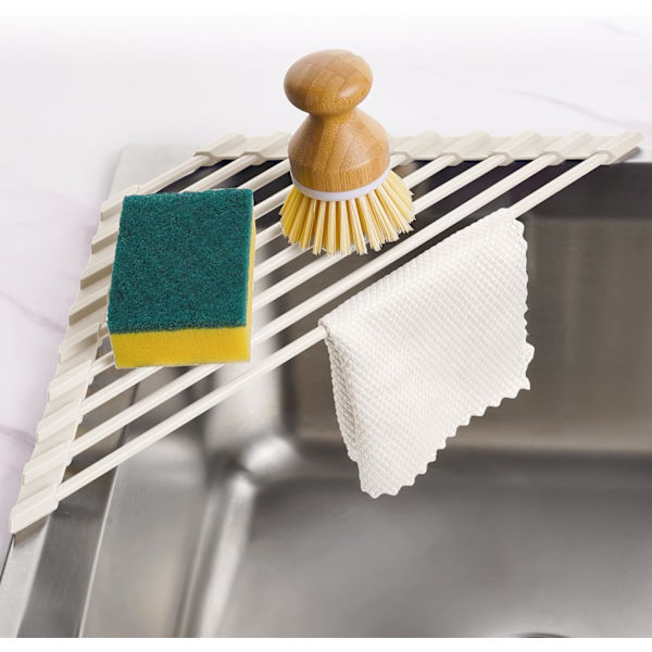 Small Triangular Foldable Dish Drying Rack with Silicone Coating, Stainless Steel Frame for Sink Corner, Multifunctional Drain Rack (White)