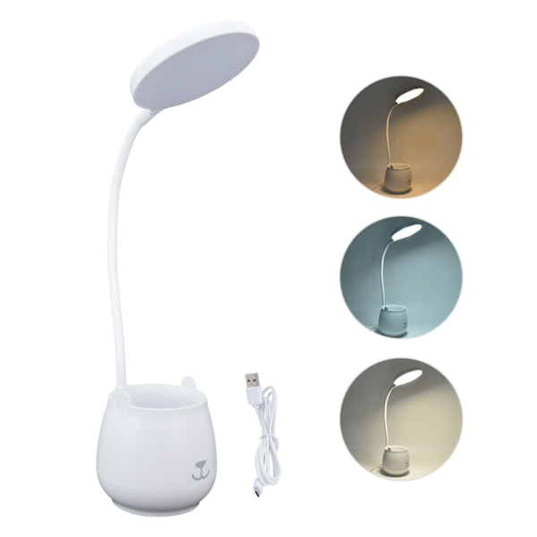 Penholder, bærbar USB-stik, fleksibel svanehals LED-bordlampe i plastik, 3 lyskilder, 360° drejelig til bordbelysning