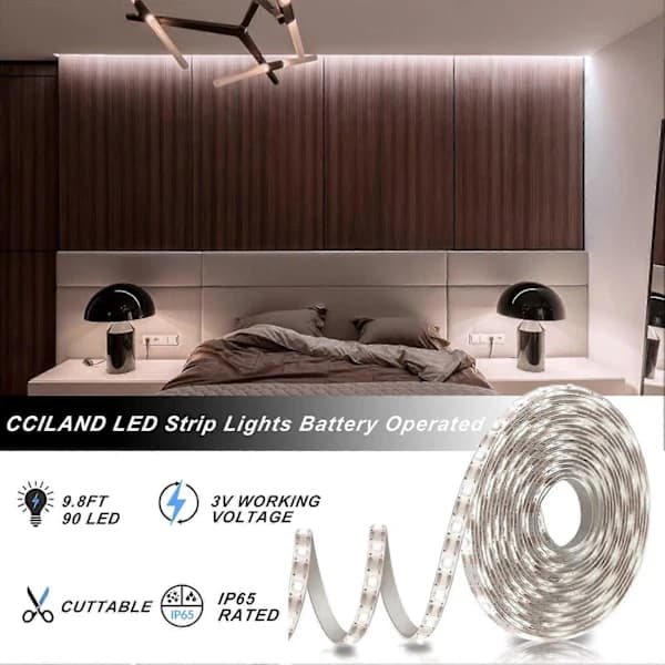 3m LED-stripe med batteridrift og fjernkontroll, vanntett, 8 moduser, dimbar, timer, selvklebende (kaldhvit)