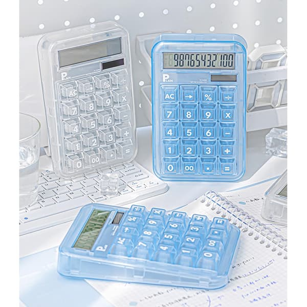 Semi-transparent Mechanical Calculator with Touch Buttons and 12-Digit Display - White White