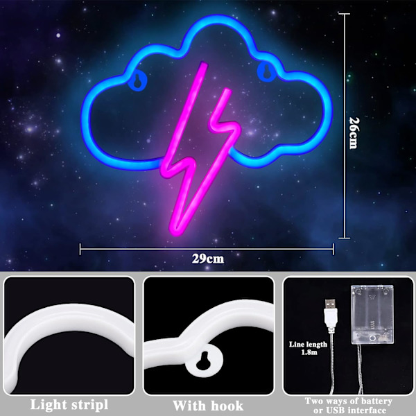 LED Neonljusskylt Dekoration, Moln LED Neonljus Blixt Neonljus, Vägg Ljusstark Nattlampa, Batteri eller USB-driven för Sovrum