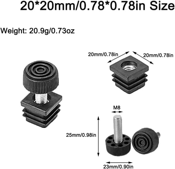 Sæt med 4 justerbare fødder til stoleben - 20 x 20 mm - M8 gevindindsatser - Sort
