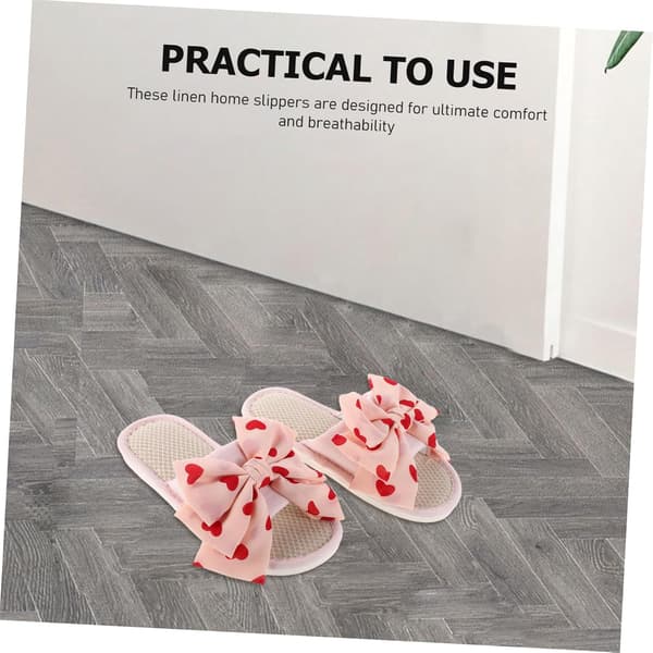 Comfortable Flat Bedroom Slippers: Linen Weave Open Toe - Non-Slip Rubber Base & Toeless Bow Details