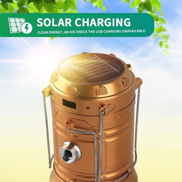 Solar Powered Camping Lantern, Foldable LED, USB-C Rechargeable, Gold