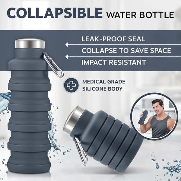 Foldable Water Bottle Silicone Collapsible Gym Bottle Leak-Proof Hiking Accessory, Grey
