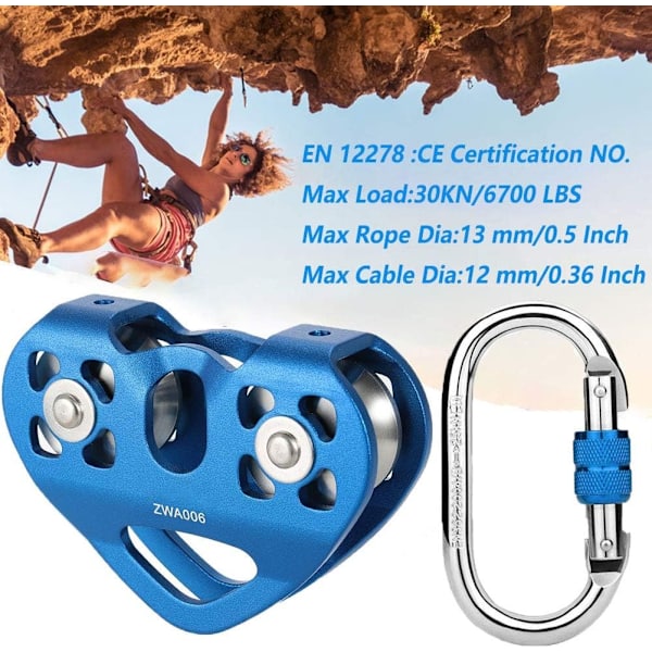 Klätter Zipline-Rulle 30KN Dubbel Tandemhastighet Dubbel Vagn med 25KN Karabiner för 1/4 5/16 3/8 1/2 Kabel för Räddningsrulle