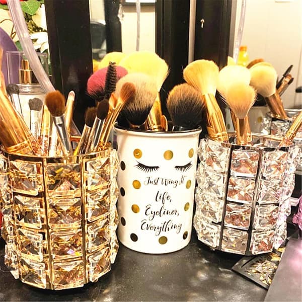 Personlig glitrende guld krystal makeupbørsteholder, børste, penalhus, sølv krystalbeholder sølv