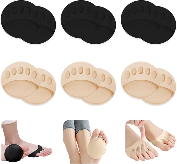 6 Pairs Forefoot Inserts - Shoe Soles - Forefoot, Invisible Five-Toe Socks - Beige+Black