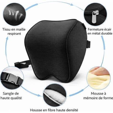 Car Neck Pillow, Soft Headrest Pillow for Driving with Adjustable Strap, Memory Foam (Black)