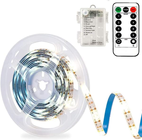 3m Batteridrevne LED-striper med fjernkontroll, 90 LED-lys Vanntette, 8 moduser, Dimbar, Klippbar (Kaldhvit)