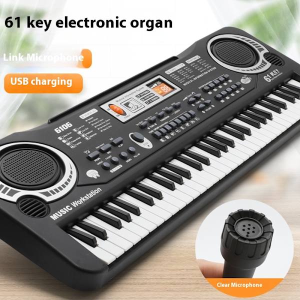 Sort 61-tangenters keyboardklaver, bærbart elektronisk klaverkeyboard med strømforsyning og mikrofon, multifunktionelt musikinstrument