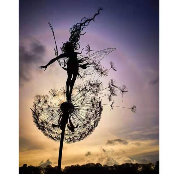 Flower Fairy Dancing Elf with Angel Dandelion Sculpture Metal Crafts Steel Wire Home Decoration Garden Figurines Room Decoration