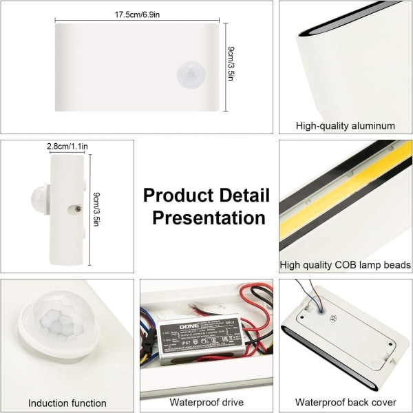 12W LED vegglampe med bevegelsessensor, moderne innendørs/utendørs vegglampe 3000K varm hvit IP65, induksjonsvegglampe for trapper, ha