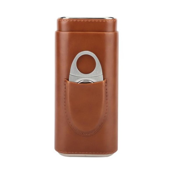 3 Finger Læder Cigar Etui, Cedertræforet Cigar Humidor Med Sølv Rustfrit Stål Cigar Saks Brun Brown