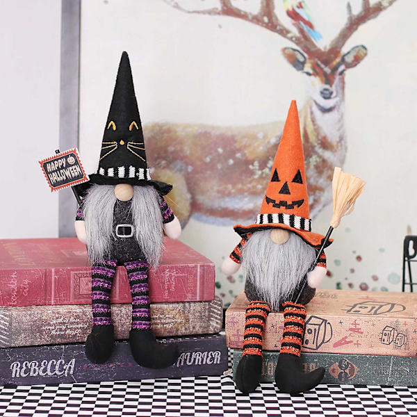 Halloween-herra ja rouva Tonttu roikkuvilla jaloilla, käsityönä valmistettu plushikoriste, oranssi