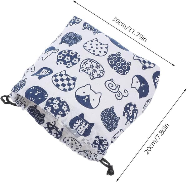 Japanese Cotton Drawstring Bento Lunch Bag with Blue Cat Pattern, Double-Layer Thickened Cotton