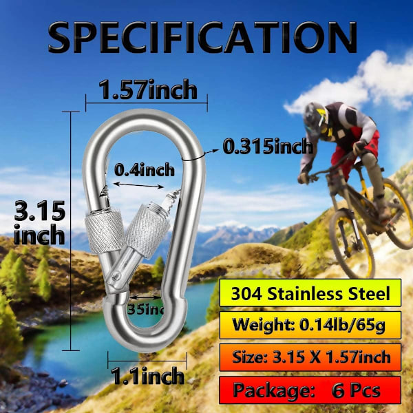 6 st Låsande Karabinkrokar, Rostfritt Stål Fjäder Snap Hook Låsande Karabinkrok Tung Duty - 304 Premium Rostfritt Stål Tumskruv Karabinkrok