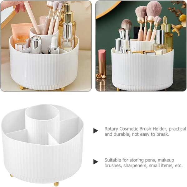 Rotating Makeup Brush Storage, Multi-Compartment Organizer, Desk Pen Holder White