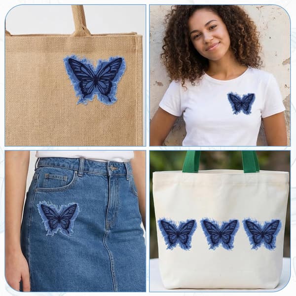 6 stk. sommerfugl-strykemerker i denim, blå brodert applikasjon