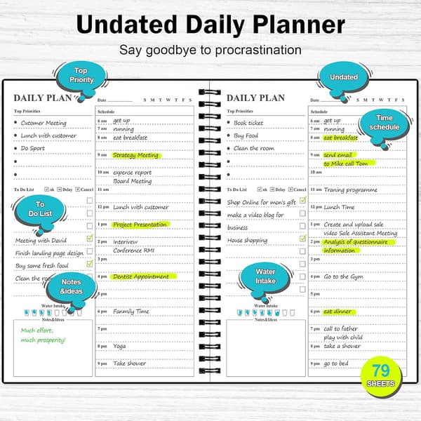 Undated Daily Planner - To-Do List Notebook with Spiral Binding
