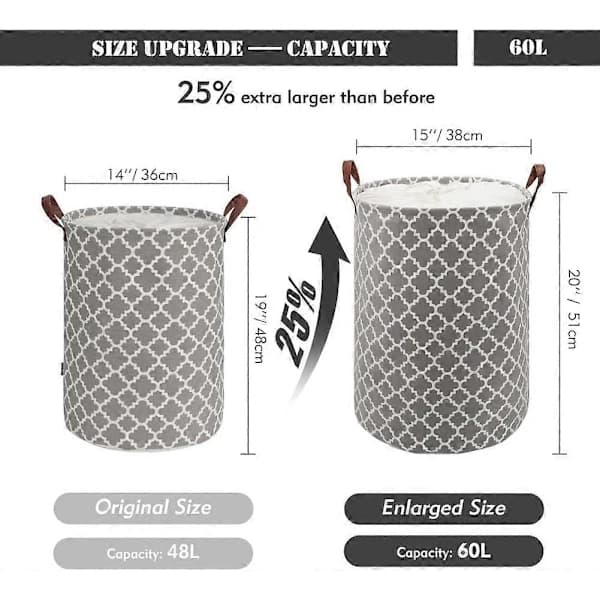 HA~60L Large Laundry Hamper with Durable Leather Handle, Thickened Waterproof Drawstring Round Foldable Laundry Basket (Grey, L)