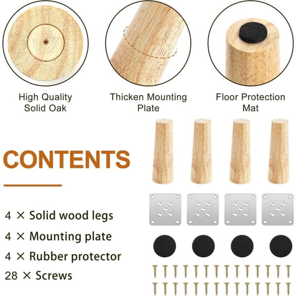 Sæt med 4 Træben til Møbler, 8 cm Erstatningsben til Sofa, Sofabord, med Tilbehør (Retvinklet Design)