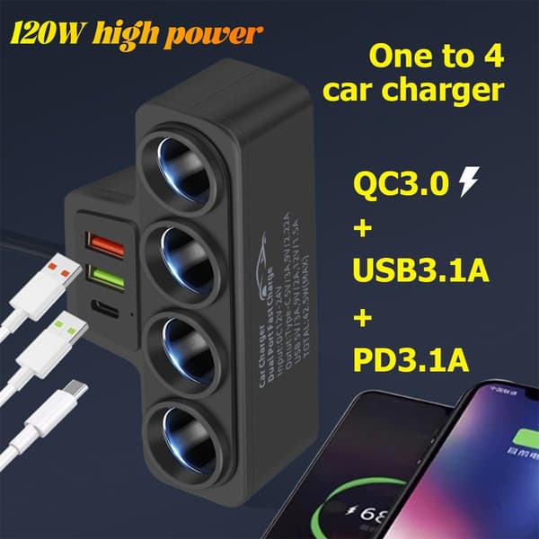 Fast USB Car Charger Adapter Mobile Phone Charging Adapter Vehicle Car Charger Multi-Socket Cigarette Lighter Adapter Universal Car Accessories