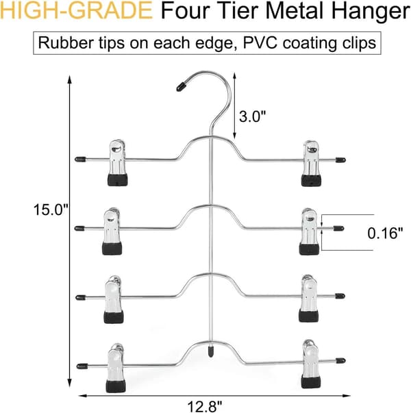 4-Tier Metal Hangers with Adjustable Non-Slip Clips, Space-Saving for Women's Closet Organization, Black, 4-Pack
