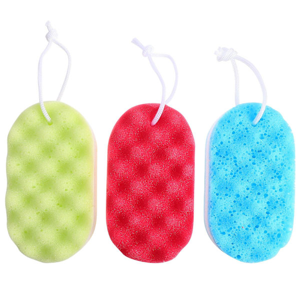 3-pack Badsvamp Dubbelsidig Peeling Svamp Rengöring Kroppsskrubb Blandade Färger 16.5X9cm