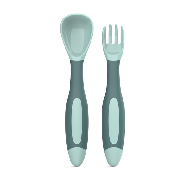 Fleksibel silisiumskje og gaffel med babytrenerboks (grønn)