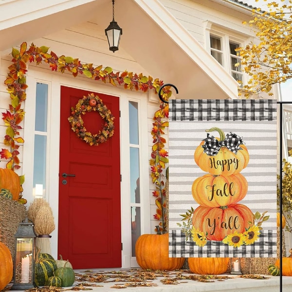 12x18 Tommer Happy Fall Haveflag Dobbeltsidig Buffalo Plaid Solsikke Græskar Thanksgiving Haveflag Efterår Halloween