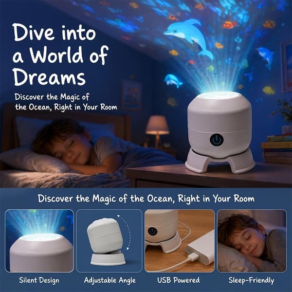 Dynamic Rotating LED Projector Lamp, 360° Rotating LED Ocean Projector, Ocean Projector for Kids, Adjustable Brightness
