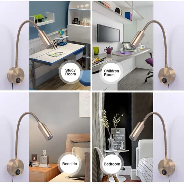Reading lamp, LED bedside reading lamp with socket, 3W warm white reading lamp with switch, Bronze