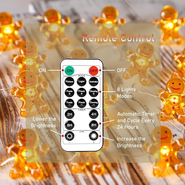 10 in 30LED Julelysstreng Batteri/USB-drevet, Pepperkake-lys med fjernkontroll, Juledekorasjonslys