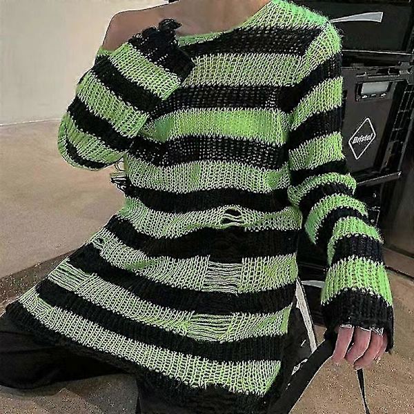 Uusi punk-goottilainen pitkä unisex-pusero kesäksi naisille, raidallinen, viileä, ontto, rikkinäinen neule, löysä rock-tyylinen ohut tumma katumuoti-toppi
