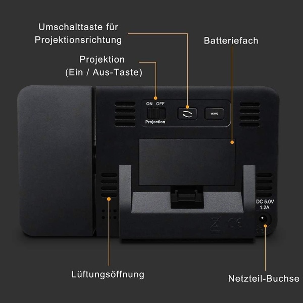 Projektionsväckarklocka, Reseväckarklocka med Projektion USB-anslutning Inomhustemperatur och Luftfuktighet Bordsklocka Snooze-funktion